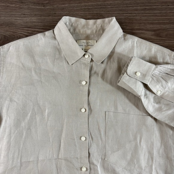 Trovata Birds of Paradis Shirt Womens Large Beige Tan Oversized Button Up - Picture 1 of 8